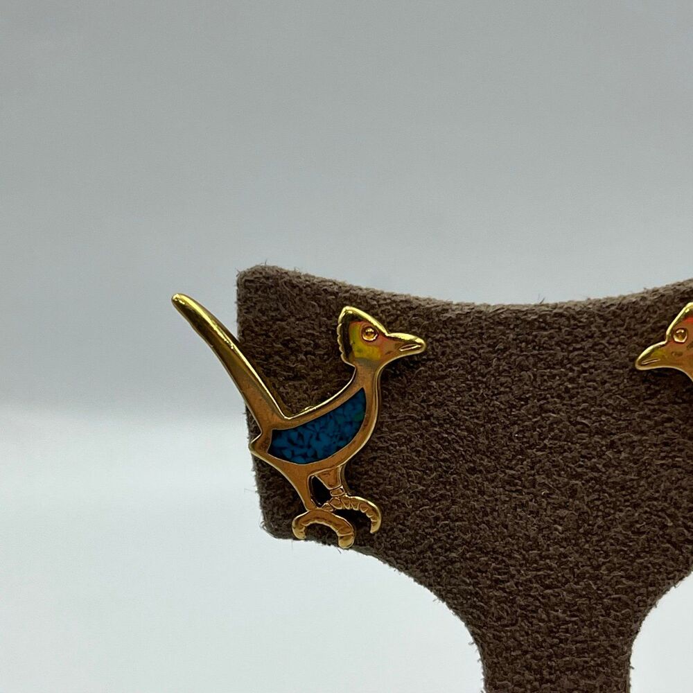 Vintage gold tone roadrunner turquoise pierced Earrings - Picture 3 of 6